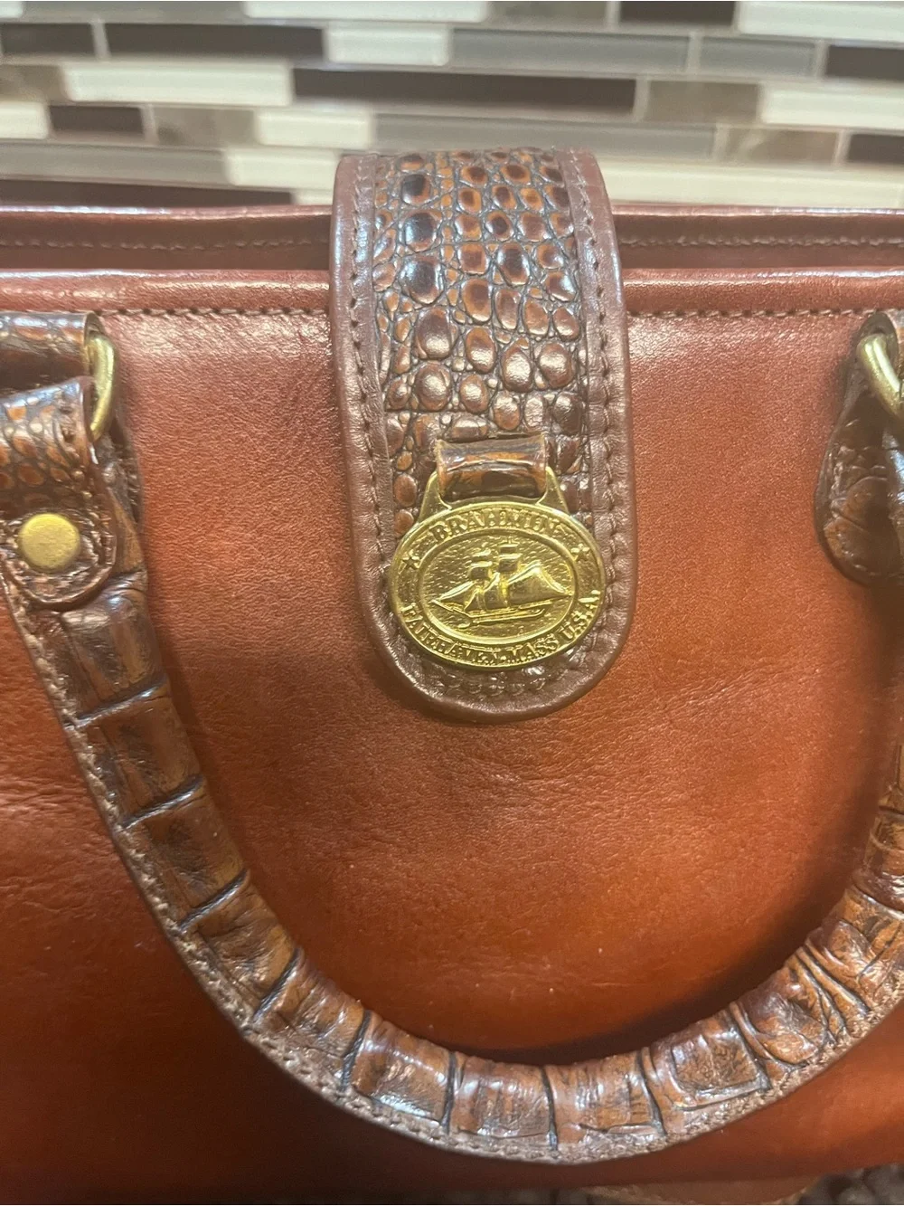 Brahmin Vintage Chestnut Brown Leather Crossbody with Croc-Trim & Gold Hardware